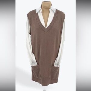 Women’s Dress - Brown- L - Sioni Milano Sweater Vest Dress Brown w/ White sleeve